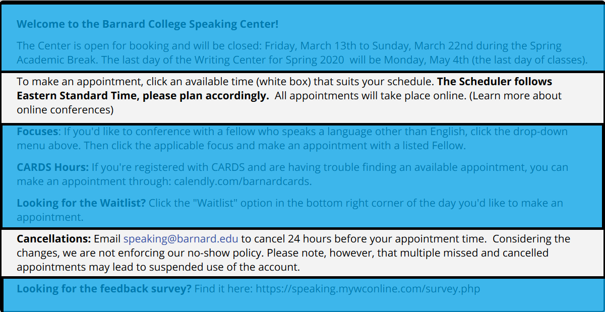 Speaking Center Announcment Page highlighting eastern standard time zone and cancellation policy